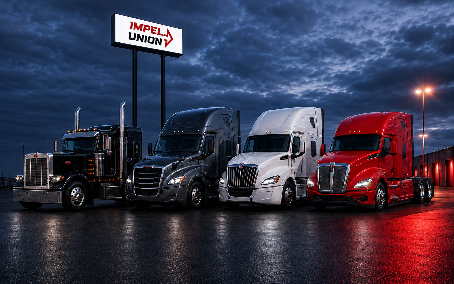 Black Peterbilt 389, dark gray Freightliner Cascadia, white International LT625, and red Kenworth T680 Next Gen sleepers beneath an Impel Union billboard